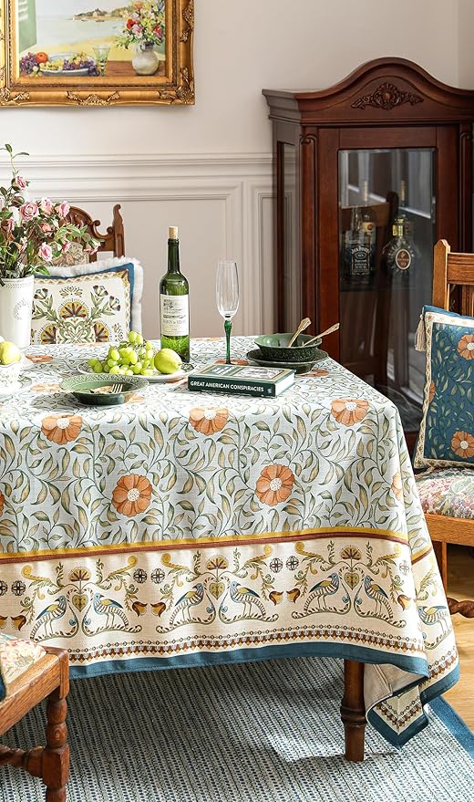 patdrea Designer French Linen Tablecloth Rectangle for Tables,Italian Floral Tablecloth,Provencal Country Tablecloths,FlowerBlue Pattern Table Cover for Kitchen Dining,Christmas,55"x79"