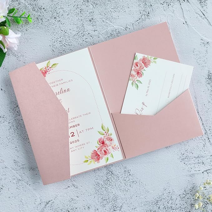 20 PCS Blush Pink Tri-fold Laser Cut Wedding Invitation Pockets for 5x7 Wedding Cards Bridal Shower Engagement Quinceanera Invitation