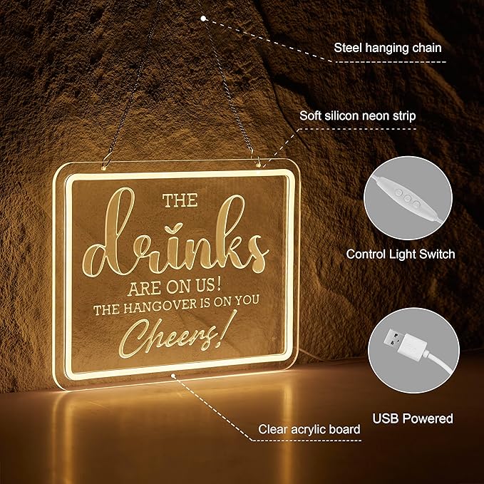 Bar Neon Sign The Drinks Are On Us LED Signs The HanGover is On You Cheers Neon Light Gifts for Wedding Party Bars Pubs Neon Signs Decorations