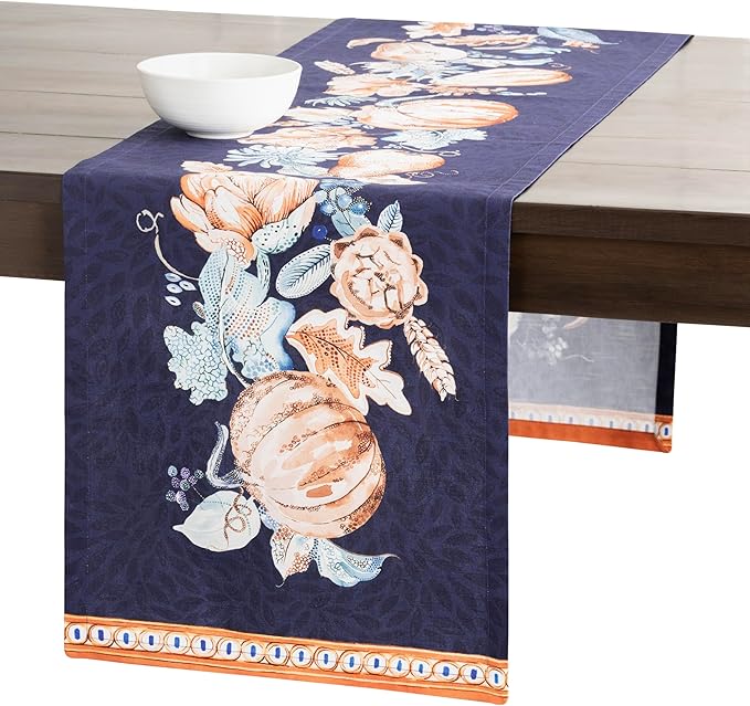Maison d' Hermine Table Runner 100% Cotton Single Layer Table Runners 108 inches Long for Thanksgiving Christmas Decorations Home Kitchen Dining Party Wedding (Pumpkin Blues, 14.5" x 108")