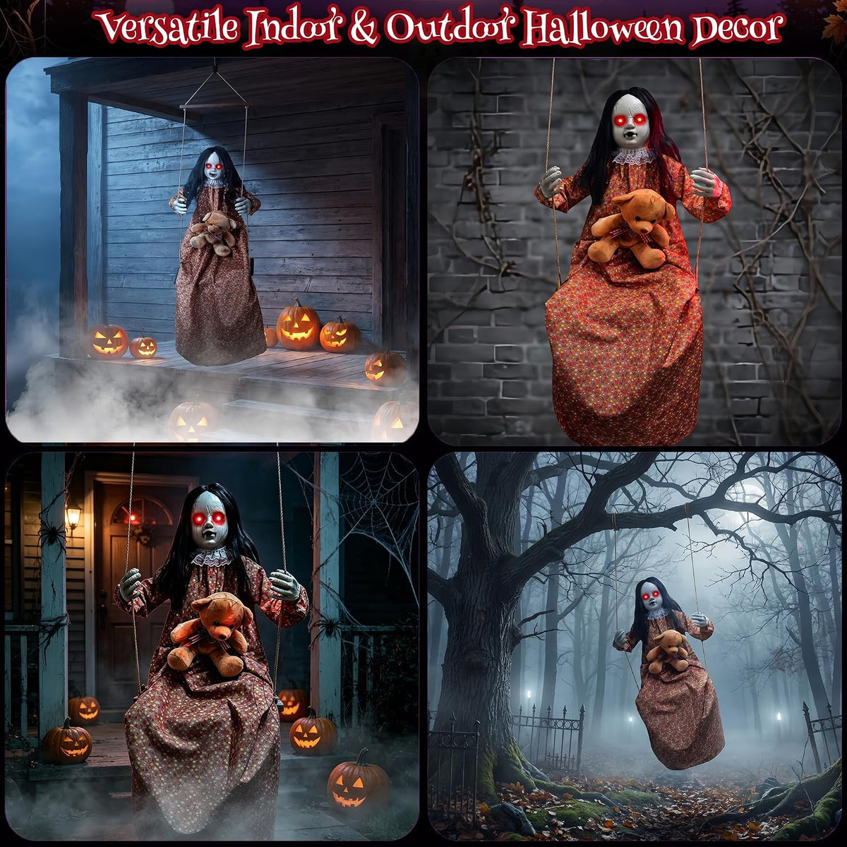 Scary Halloween Decorations Outdoor 45" Hanging Swinging Doll Creepy Girl