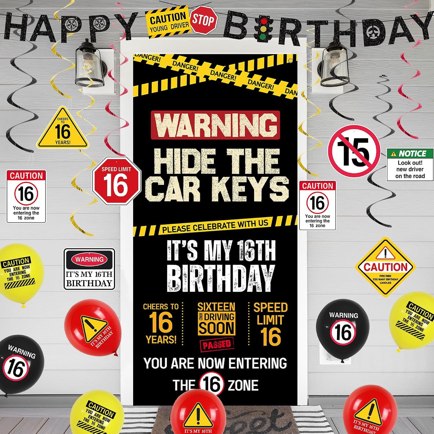 Roetyce 16th Birthday Decorations Boys Girls, Hide The Car Keys Happy 16th Birthday Banner Backdrop Balloons Hanging Swirls, Caution Logo Themed 16 Years Old Party Yard Door Wall Cover Background