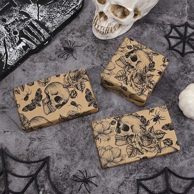 100 Sheets 20 * 14 Inches Vintage Halloween Tissue Paper Kraft Gothic Floral Skull Moth Spider Printed Tissue Paper for Gift Wrapping Spooky Decorative Tissue for Halloween Party DIY Craft Supplies