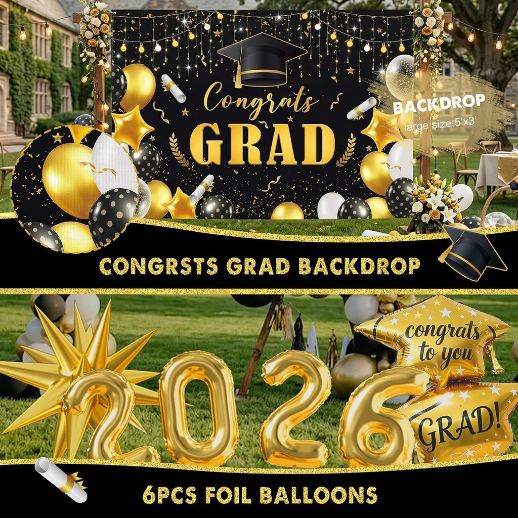 graduation party decorations 2026 kit, black gold congrats, side view
