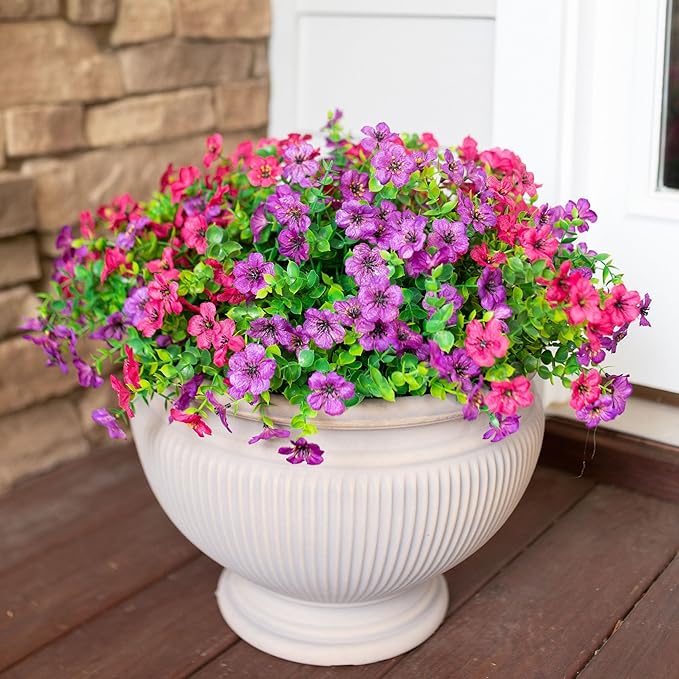 HyeFlora Artificial Flowers for Outdoor Indoor Garden Home Decoration, Faux Flower Daisy with Eucalyptus Leaves Fake Plants Greenery Boxwood Porch Patio, 12 Bundles (Purple Pink)