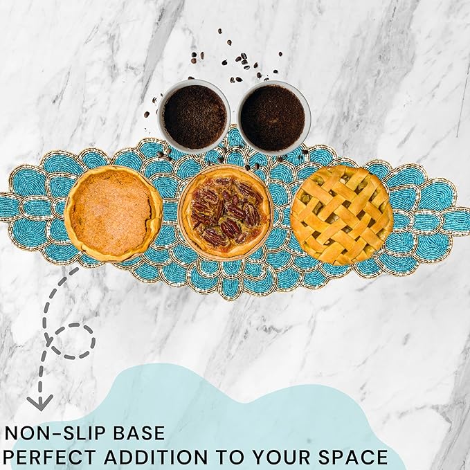 Beaded Table Runner 13 x 36 Inches - Handmade Decorative Dining Table Centerpiece with Glass Beads & Polyester Back, Elegant Runner for Weddings, Parties & Holiday Décor (Blue & Gold) - CLEENTABLE