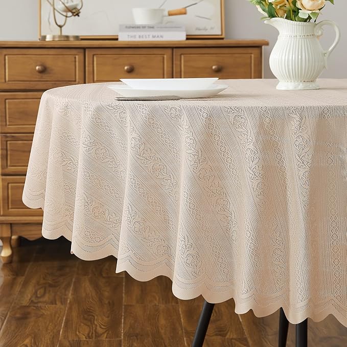 LinenZone Lace Round Tablecloth with Elegant Scalloped Bottom for Any Special Event Such as Wedding, Birthday Party, Baby Shower, Anniversary. Sits 6 to 8 People. (Linda 90 Round, Linen)