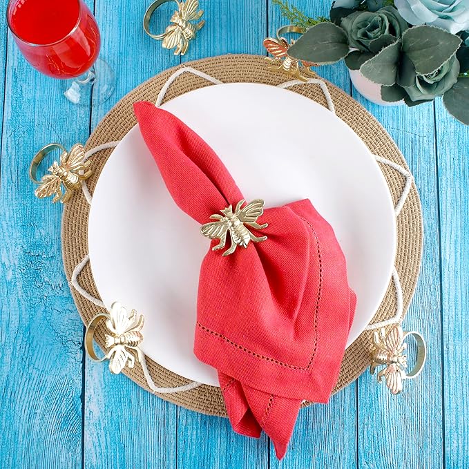 Gold Napkin Rings Set of 12 - Elegant Bee Napkin Rings with Sturdy Lightweight Metal Design - Durable & Versatile for Table Settings, Special Occasions, Decor & Gift Giving Ideas - CLEENTABLE