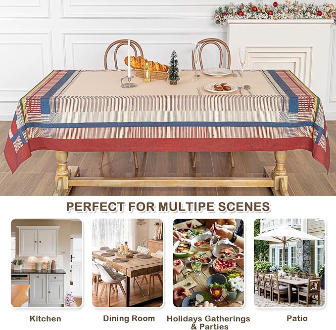 MYSKY HOME Cotton Table Cloth, Rustic Striped Fall Tablecloth, Farmhouse Table Cloth Waterproof Wrinkle Free Halloween Tablecloth Washable for Rectangle/Oblong, 55''x86'', Red