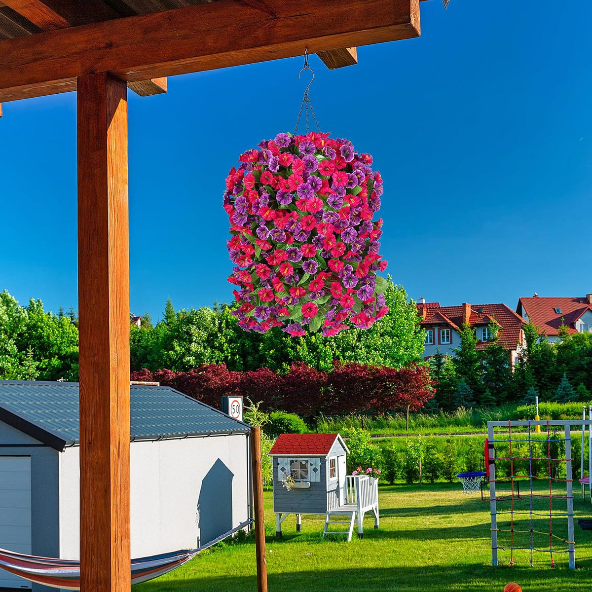 artificial flowers with hanging basket, outdoor faux plants, package contents