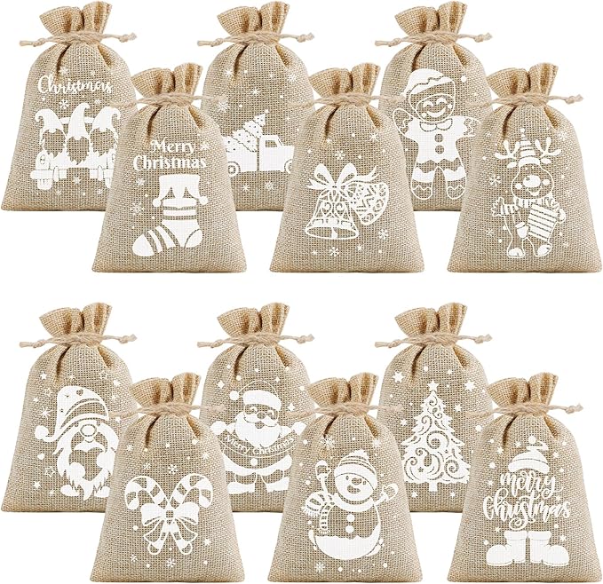 CCINEE 36pcs Christmas Burlap Bags, 4×6 Inch Drawstring Christmas Burlap Goody Gift Candy Bags with Double Jute Drawstrings Xmas Treat Bags for Candy Wrapper Xmas Party Favors