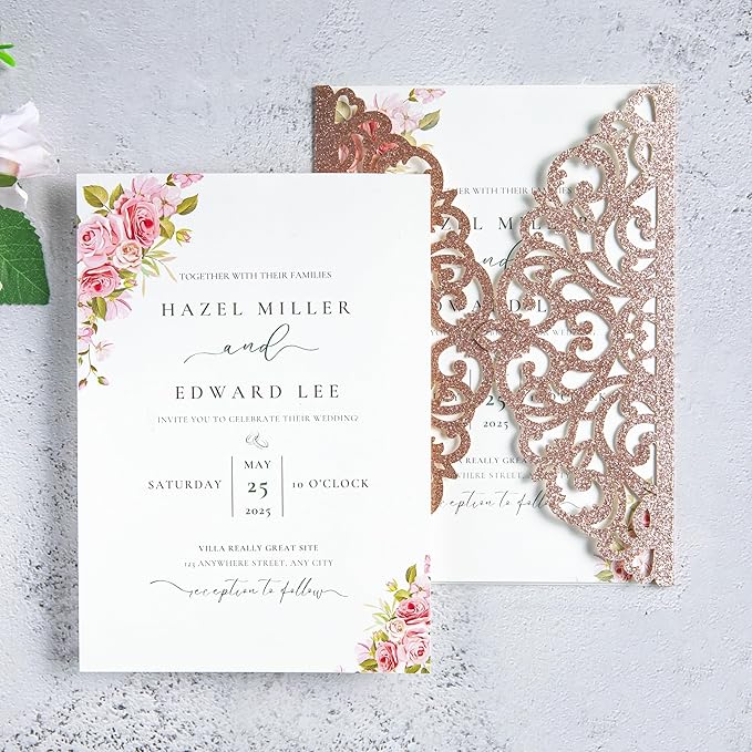20Pcs Rose Gold Glitter Laser Cut Invitation Cards With Blank Inner Sheets for Wedding Cards Bridal Shower Engagement Quinceanera Invitation (No Envelopes)