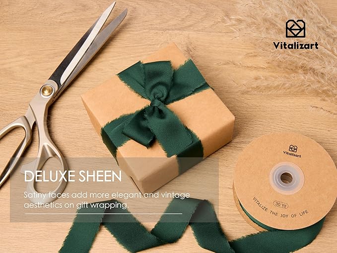 Vitalizart Silk Like Satin Ribbon 1 inch x 30 Yard Dark Green Handmade Frayed Ribbons for Gift Wrapping Baby Shower Wedding Bridal Bouquets Holiday Decor