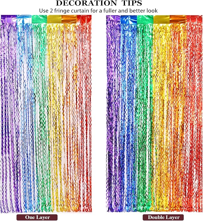 4 Pack Wavy Rainbow Foil Fringe Curtains - Colorful Party Decorations 3.3x6.6ft Tinsel Metallic Streamers Holiday Photo Booth Props Backdrop for Birthday Wedding Engagement