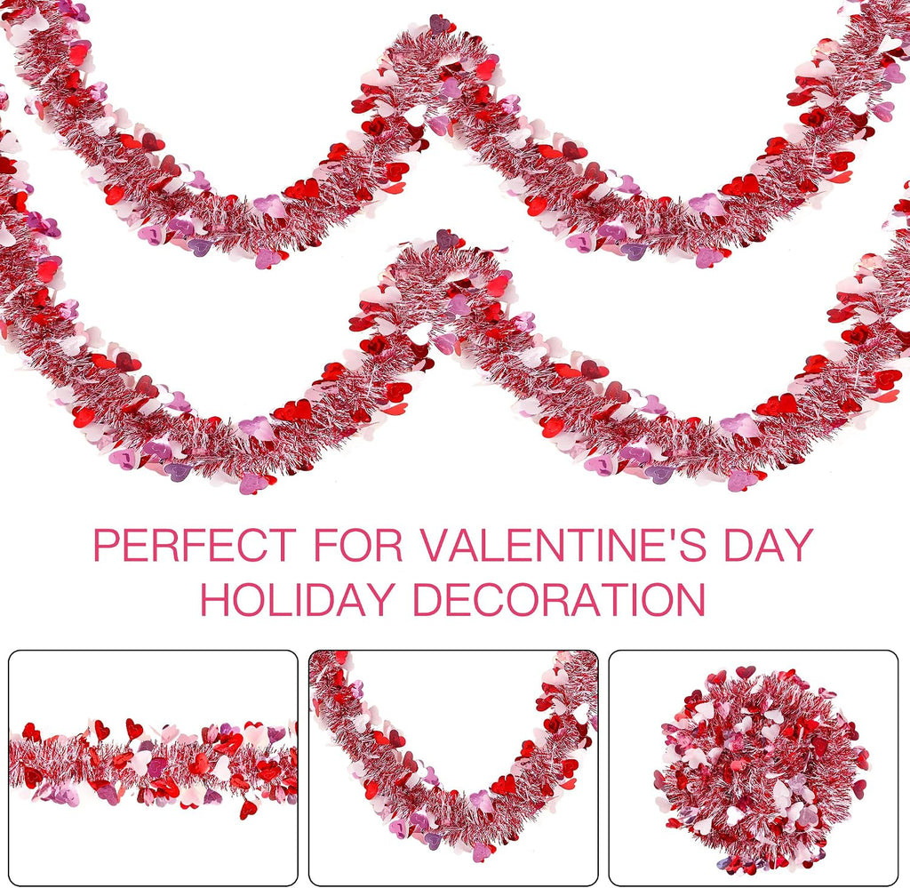 Sggvecsy 49.2Ft Valentine’s Day Heart Tinsel Garland Pink Red White Metallic Twist Garland Shining Ceiling Hanging Decorations for Valentine’s Day Party Anniversary Birthday Holiday Indoor Supplies