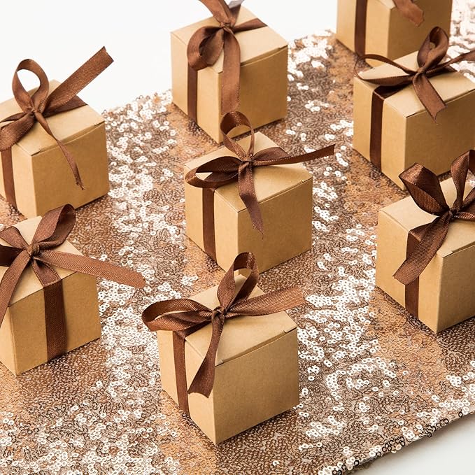 AWELL Kraft Gift Candy Box Bulk 2x2x2 inches with Brown Ribbon Party Favor Box,Pack of 50