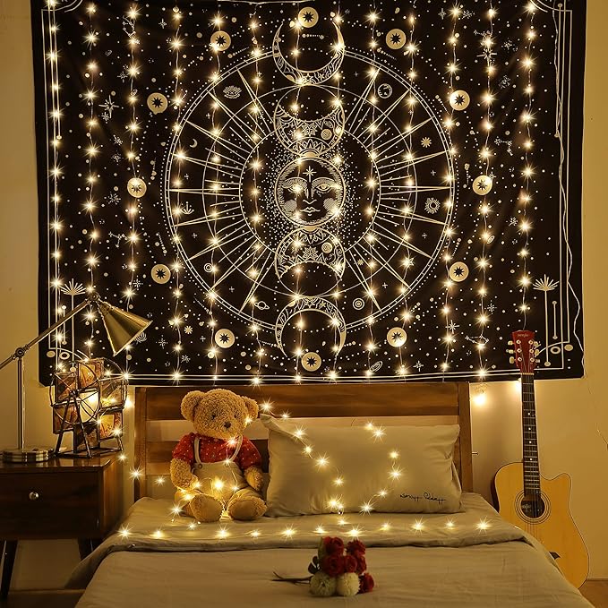 Meonum Curtain Tapestry Backdrop String Lights, Each 13 Strings 6.6 x 5 ft Tapestry Fairy String Light, 8 Modes Window Wall Hanging Light Strings for Bedroom Christmas Curtain Decor(1 Pack)