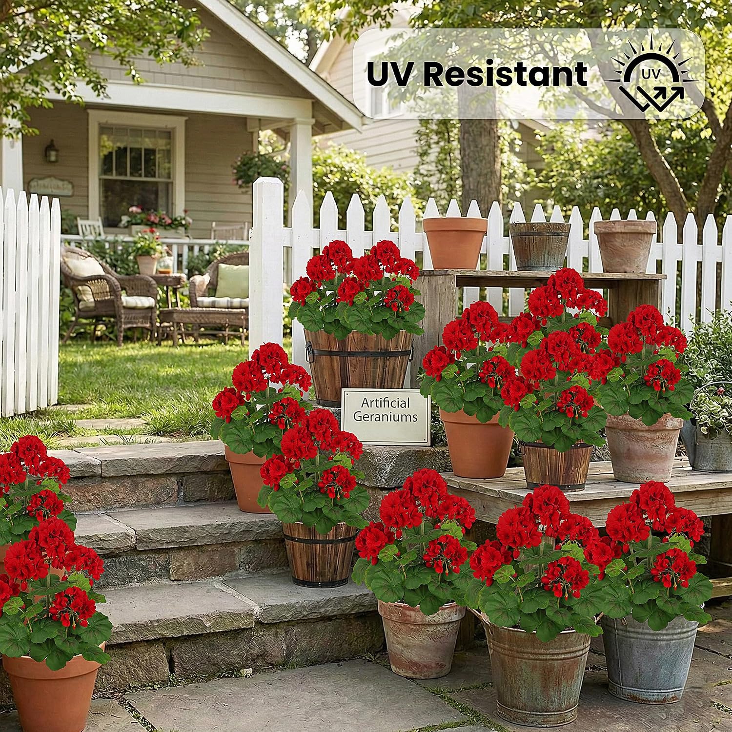 FOREST PRINCE 2 PCS 18" Artificial Geraniums for Outdoors, UV Resistant Red Silk Flowers for Window Box Porch Patio Garden Decor, Waterproof Ruby Red