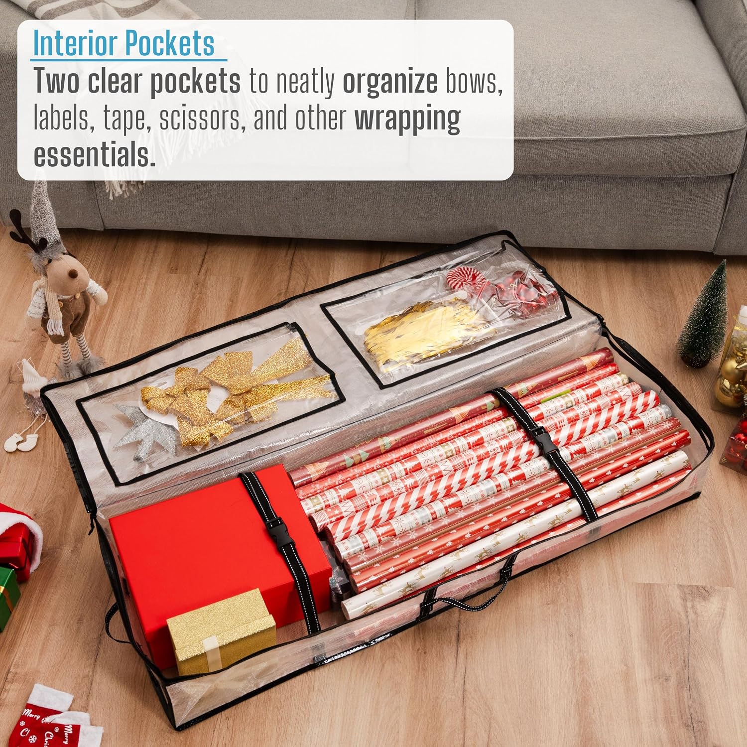 VENO 2 Pack Clear Wrapping Paper Organizer Storage Box for Christmas Gift Bags and Holiday Accessories, Underbed Storage Container with Interior Pockets, 40 Inches Long Fits 24 Rolls (2 Pack)