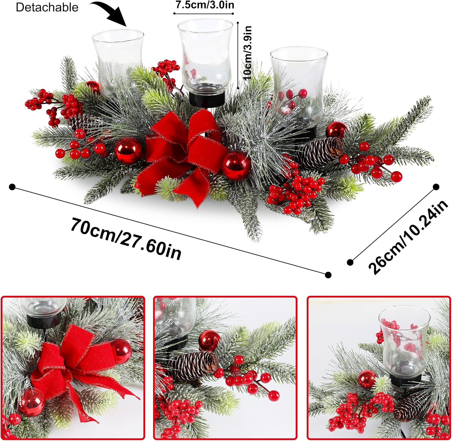 Red Christmas Table Centerpiece,Christmas Decoration Cedar with 3 Candlestick Glass Cup, Red Berry, Balls for Holiday Party, Home, Fireplace