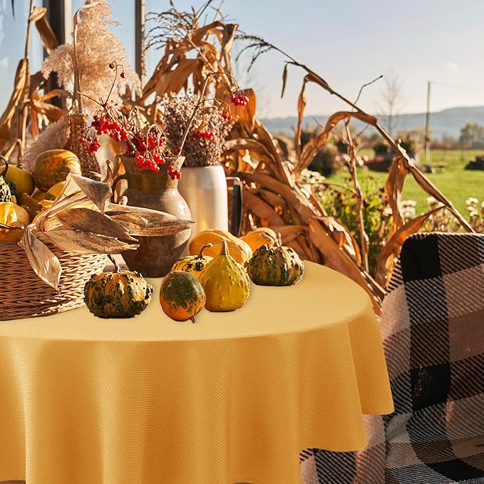 Biscaynebay Fall Tablecloth Textured Fabric Round Tablecloths 70", Fall Gold Thanksgiving Autumn Harvest Water Resistant Fabric Tablecloths for Kitchen, Dining, Wedding, Parties Machine Washable