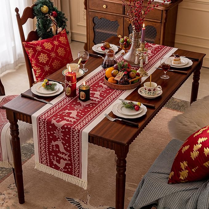 Table Runners 95 Inches,Elk Table Runner with Tassel Fringe,Christmas Table Runner for Party，Coffee Table, Festival