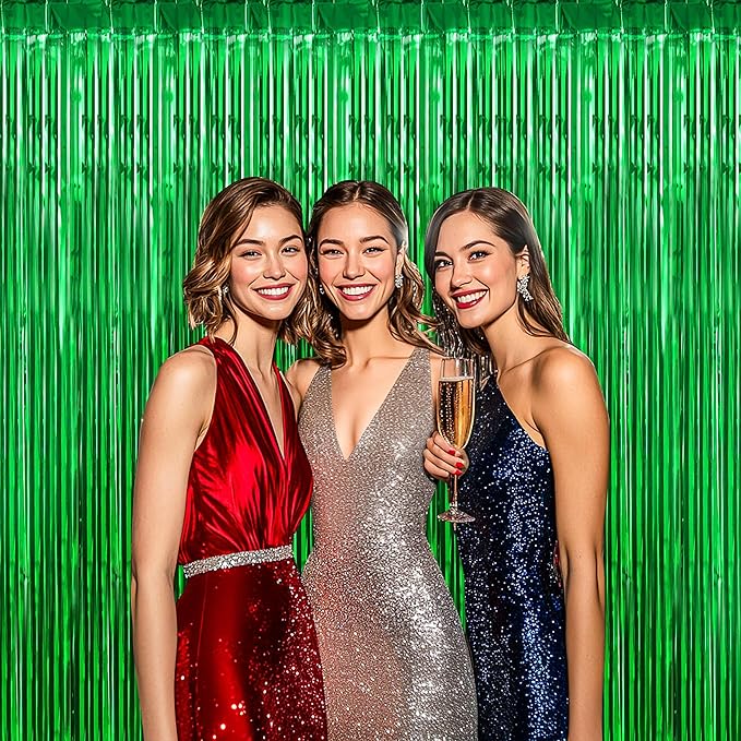BTSD-home 10 Pack Green Foil Fringe Curtain, Metallic Photo Booth Backdrop Tinsel Door Curtains for St Patricks Day Birthday Bridal Baby Shower Bachelorette Christmas Party Decorations(8ft x 3ft)