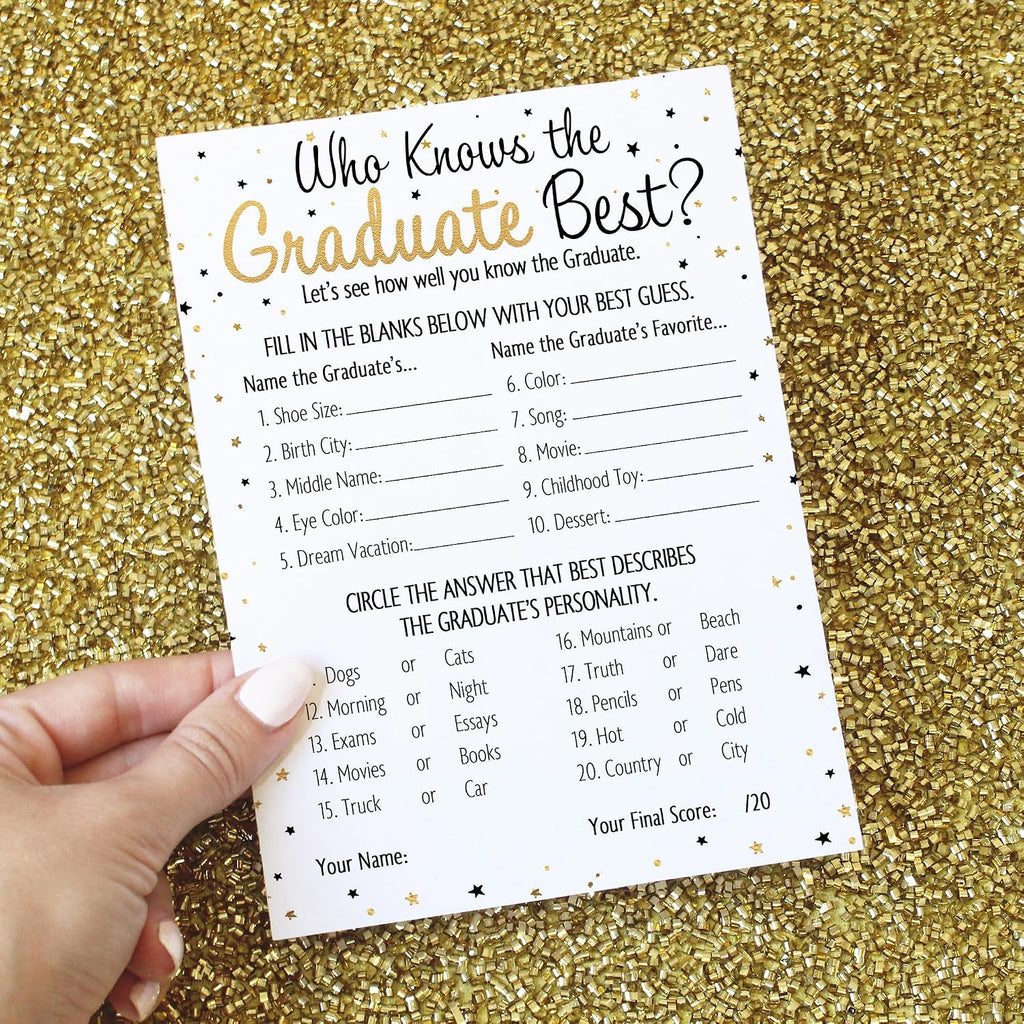 DISTINCTIVS Who Knows The Graduate Best Graduation Game, 25 Count | 5" x 7" Cards, Class of 2026 Grad Party Theme Idea Activity