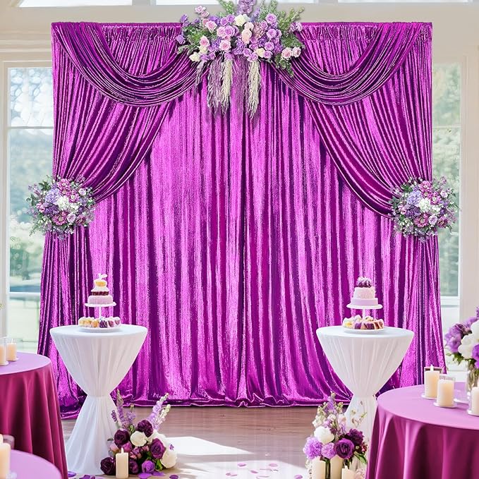 Purple Sequin Backdrop Curtains - 4.8x8FT Wrinkle-Free Glitter Drapes for Halloween Decoration Birthdays Weddings Graduations