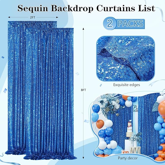 Royal Blue Backdrop Curtain Panels 2 Pieces 2ftx8ft Sequin Party Background for Birthdays Independence Day Theme Decorations