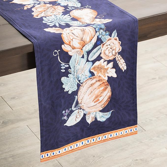 Maison d' Hermine Table Runner 100% Cotton Double Layer Table Runners 72 inches Long for Thanksgiving Christmas Decorations Home Kitchen Dining Party Wedding (Pumpkin Blues, 14.5" x 72")