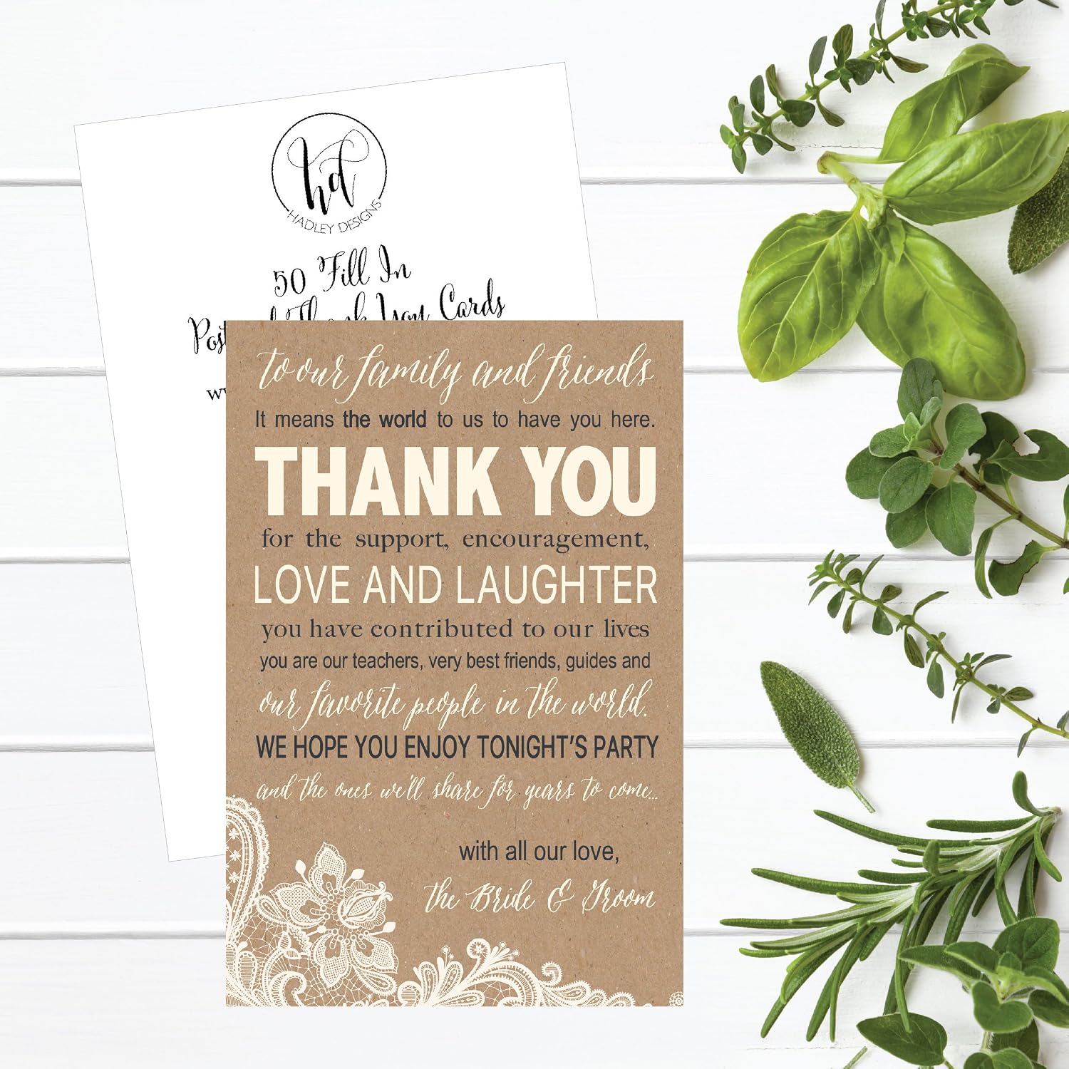 Hadley Designs 50 Wedding Kraft Thank You Place Cards, Favors For Family & Guests