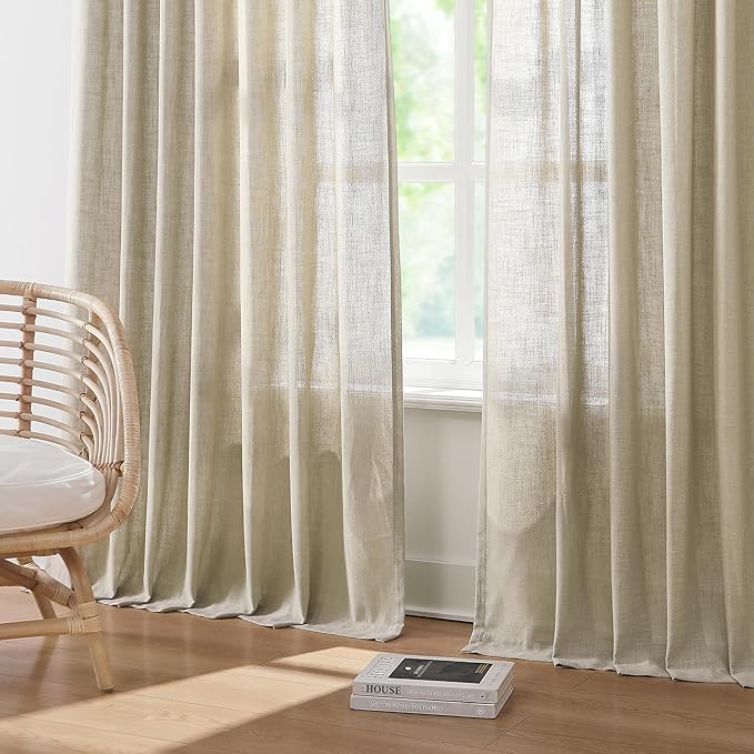 Vision Home Sand Pinch Pleated Semi Sheer Curtains Textured Linen Blended Light Filtering Window Curtains 72 inch for Living Room Bedroom Patio Pinch Pleat Drapes with Hooks 1 Panel 60" Wx72 L