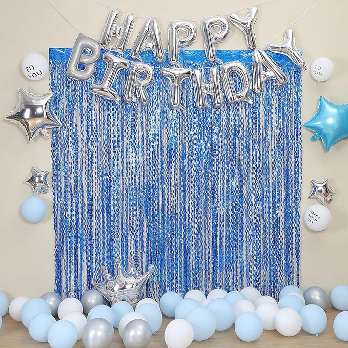 4 Pack Navy Blue Wavy Foil Fringe Curtains Party Decorations - 3.3 ft x 6.6 ft Streamer Tinsel Curtain Party Photo Backdrops for Birthday Party