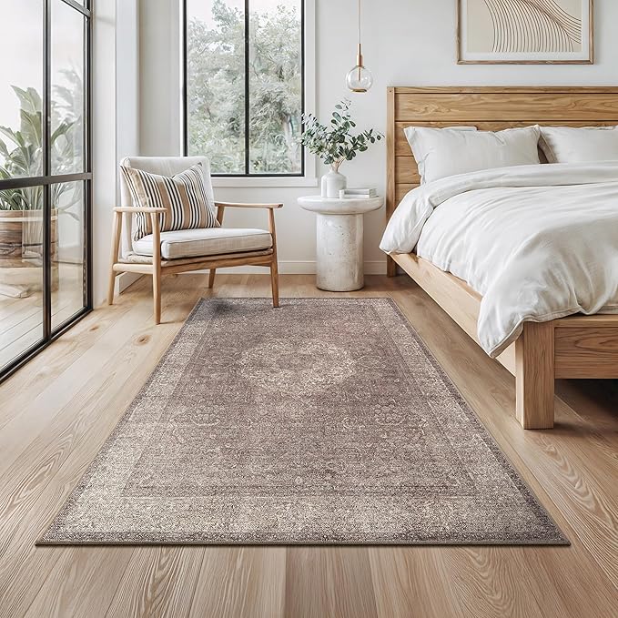 Bloom Rugs Washable Non-Slip 4' x 6' Rug - Taupe/Beige Traditional Medallion Area Rug for Living Room, Bedroom, Dining Room, and Kitchen - Exact Size: 4' x 6'