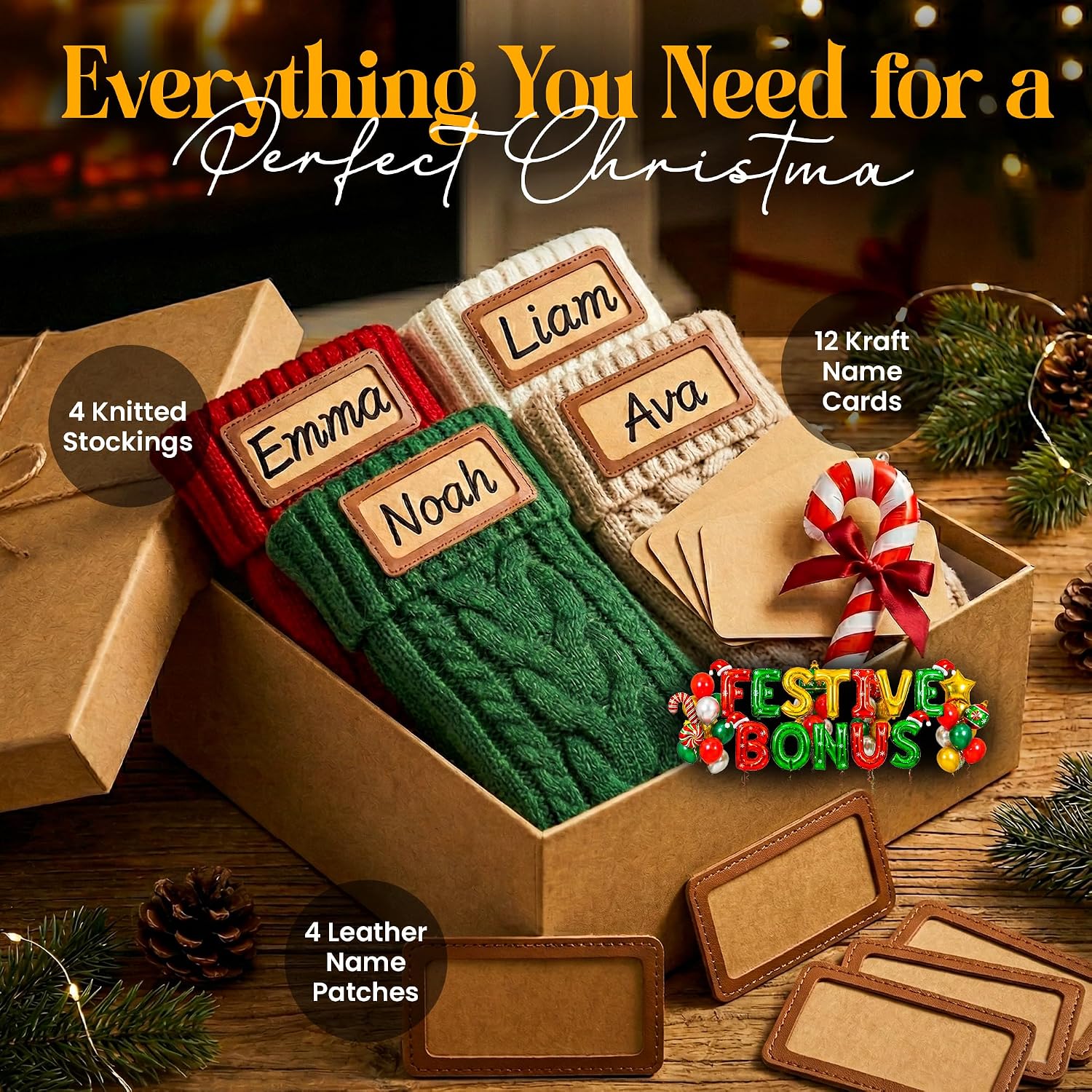 KAHF Personalized Christmas Stockings - 18” Large Luxury 4 Pack Knitted Xmas Stocking for Christmas with Custom Names Family Stockings for Kids Christmas Holiday Decor Fireplace Decoration