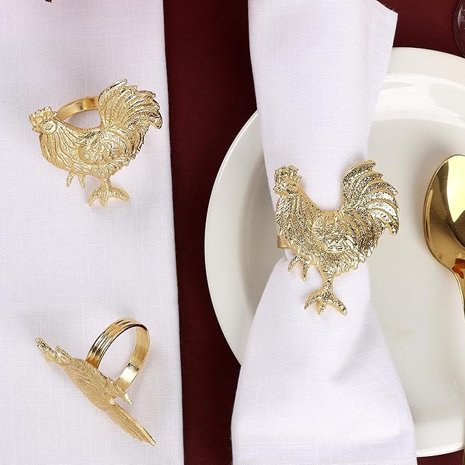 Set of 12 Rooster Napkin Rings for Farmhouse Table Decor | Premium Metal Chicken Dinnerware Holders | Rustic Kitchen & Holiday Party Table Setting (Gold) - ALPHA Living HOME