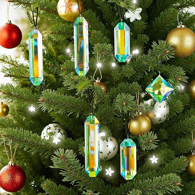 HDCRYSTALGIFTS Set 7 Crystal Sun Catcher Prisms, AB Colored Suncatcher Crystals Indoor Window Hanging Christmas Ornaments Rainbow Maker Prisms for Home Garden Decor