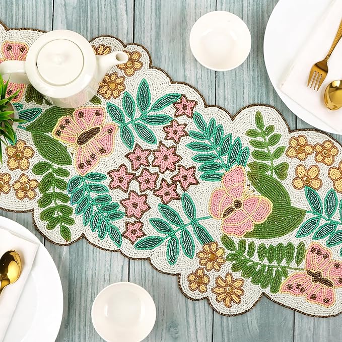 Handmade Beaded Table Runner -35 Inch Spring Floral Runner with Butterflies, Pink Flowers, and Green Leaves -Pastel Table Decor for Easter, Dining Room, Entryway, or Garden Party (Multi) - CLEENTABLE