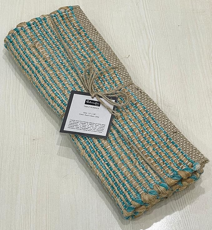 Chardin home Natural Jute Table Runner 13x36 Inch – Vintage Boho Rustic Table Decor – Handwoven Table Runner in Natural Jute and Aqua Turquoise – Farmhouse Dining or Console Table Accent