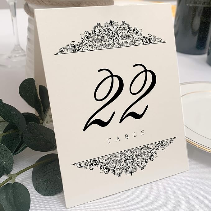 Paisley Wedding Table Numbers (Select Color/Quantity), Champagne, Black, 1-175, Double Sided, Tent or Use in a Stand, Great for Parties & Restaurants - Made in the USA