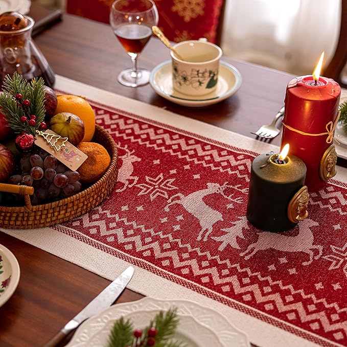 Table Runners 83 Inches,Elk Table Runner with Tassel Fringe,Christmas Table Runner for Party，Coffee Table, Festival