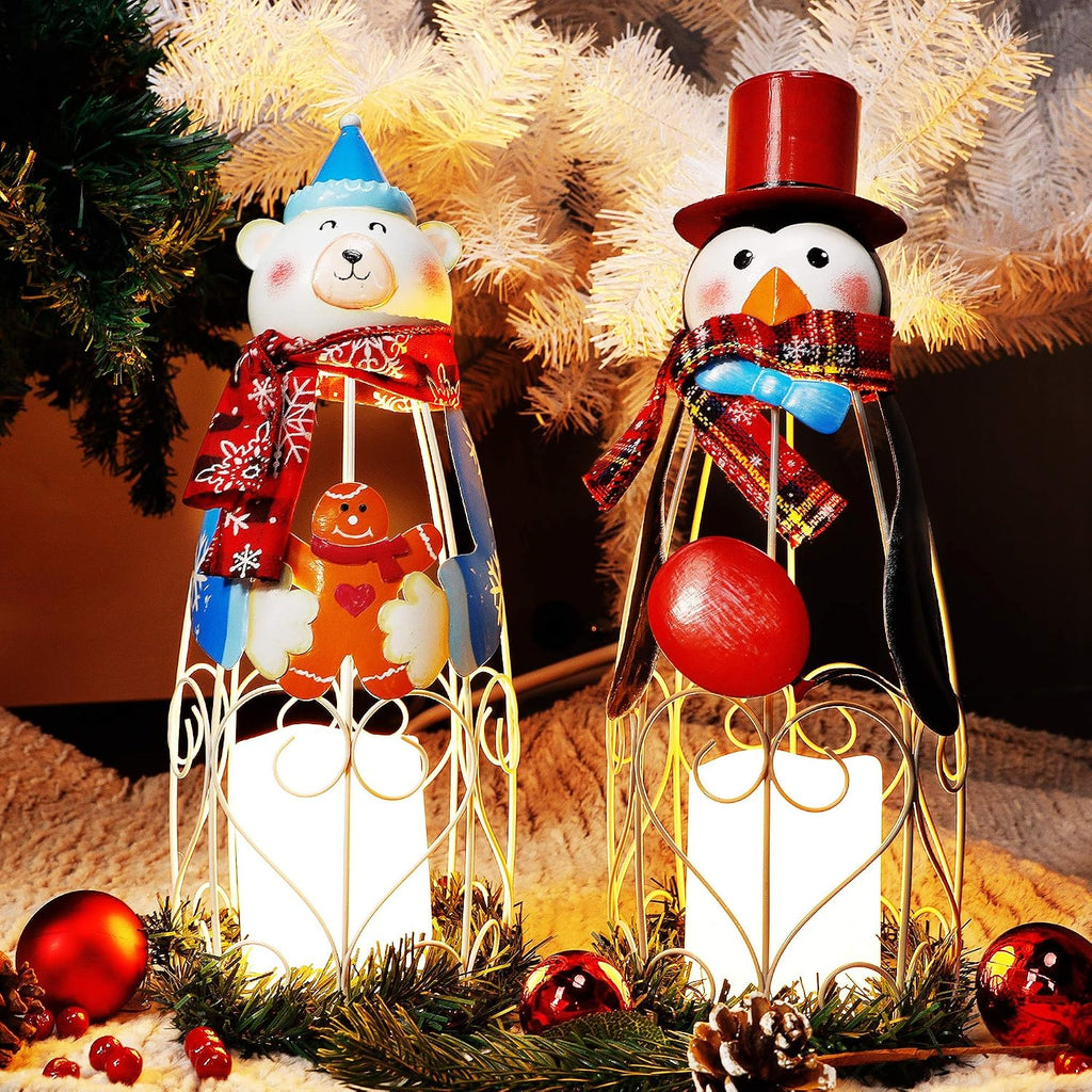 Lulu Home Christmas LED Candle Lanterns, 2 Pack 14.6 Inch Penguin Polar Bear with Battery Operated Candle Lights, Light Up Christmas Tabletop Decorations