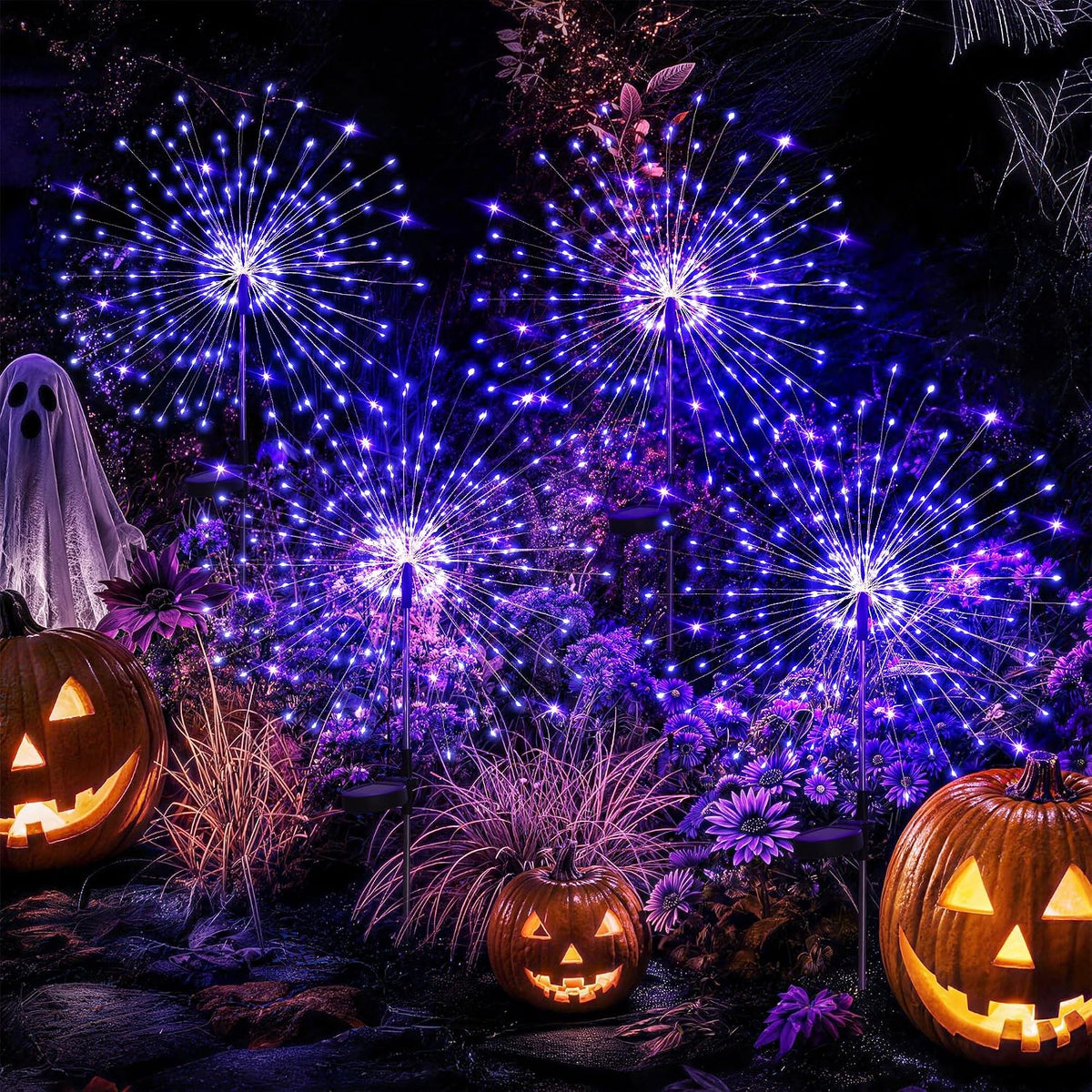 GIGALUMI 4 Pack Solar Firework Lights Outdoor, Halloween Decor, Purple