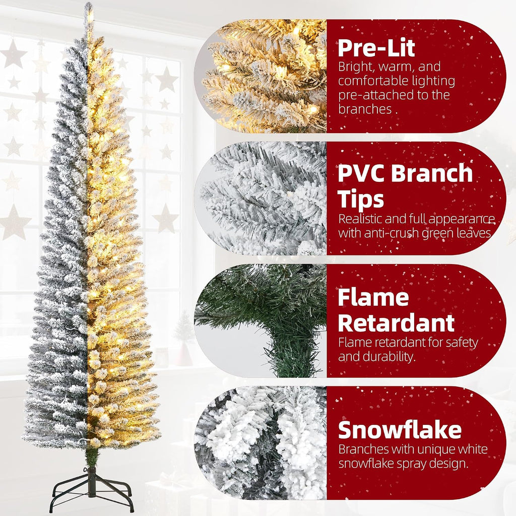 6ft flocked pencil christmas tree - pre-lit frosted, side view