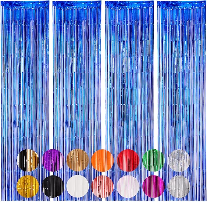 4 Pack Blue Foil Fringe Backdrop Curtains, Tinsel Streamers Birthday Party Decorations, Fringe Backdrop for Graduation, Baby Shower, Gender Reveal, Disco Party