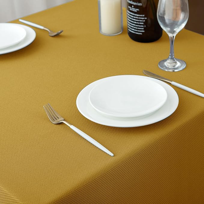Biscaynebay Textured Fabric Christmas Square Table Cloth 70x70 Inches, Gold Water Resistant Tablecloths for Dining, Kitchen, Wedding and Parties etc. Machine Washable