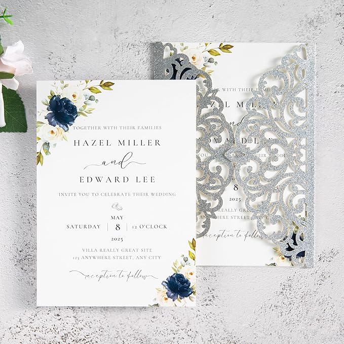 20Pcs Silver Glitter Laser Cut Invitation Cards With Blank Inner Sheets for Wedding Cards Bridal Shower Engagement Quinceanera Invitation (No Envelopes)