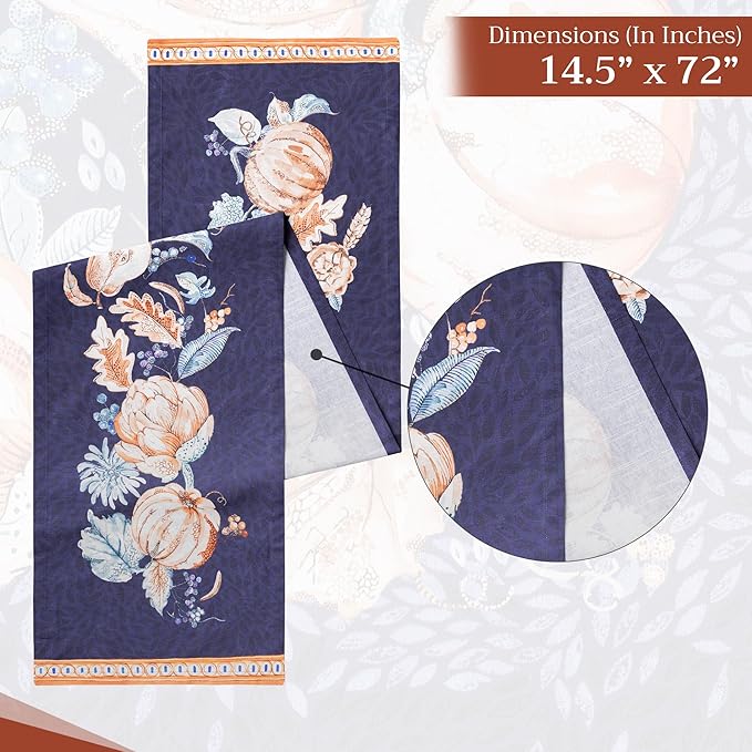 Maison d' Hermine Table Runner 100% Cotton Single Layer Table Runners 108 inches Long for Thanksgiving Christmas Decorations Home Kitchen Dining Party Wedding (Pumpkin Blues, 14.5" x 108")