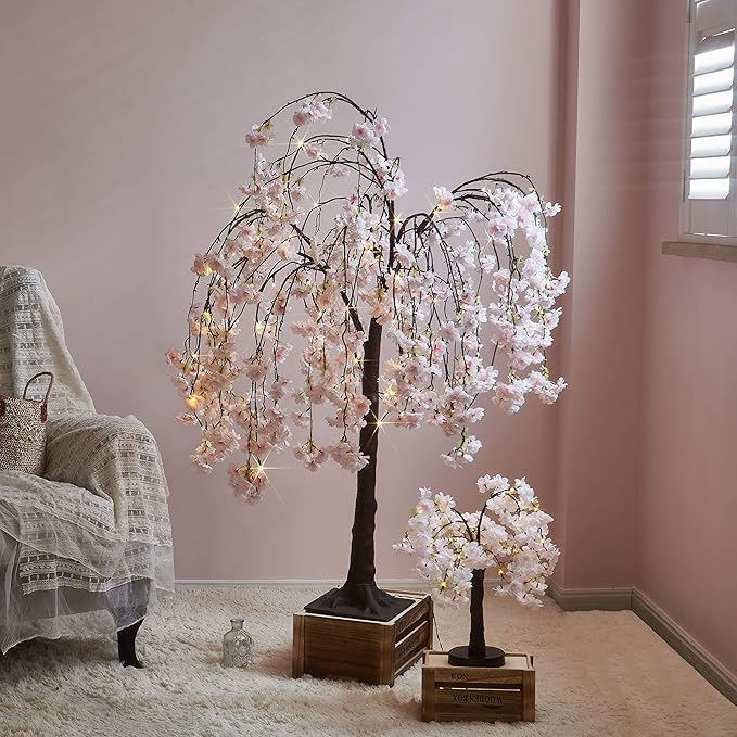 LITBLOOM Lighted Cherry Blossom Tree Pink 18IN 40 LED with Timer Artificial Tabletop Bonsai Tree Lights USB Plug or Battery Operated for Wedding Party Home Birthday Decoration